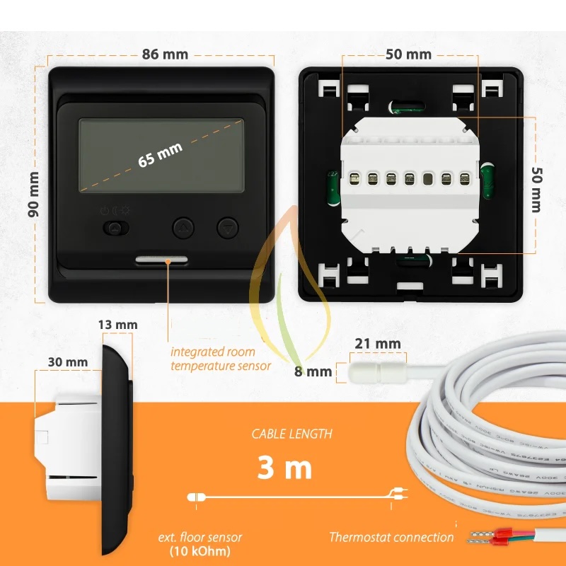 M3 thermostat 12V AC/DC, black - For 12V Heating Film