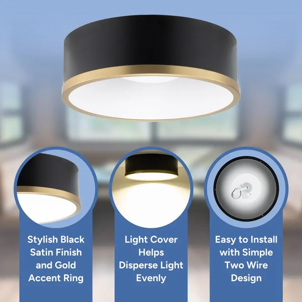 RV Flush Mount Ceiling Light | 12V LED | Interior Lighting | Matte Black & Gold Trim Finish