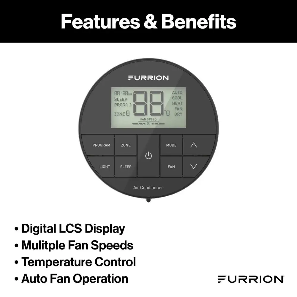 Furrion Chill® Multi-Zone Wall Thermostat - Black, 3 Fan Speeds (R32) #FACW12ESZA2-BL-AM 